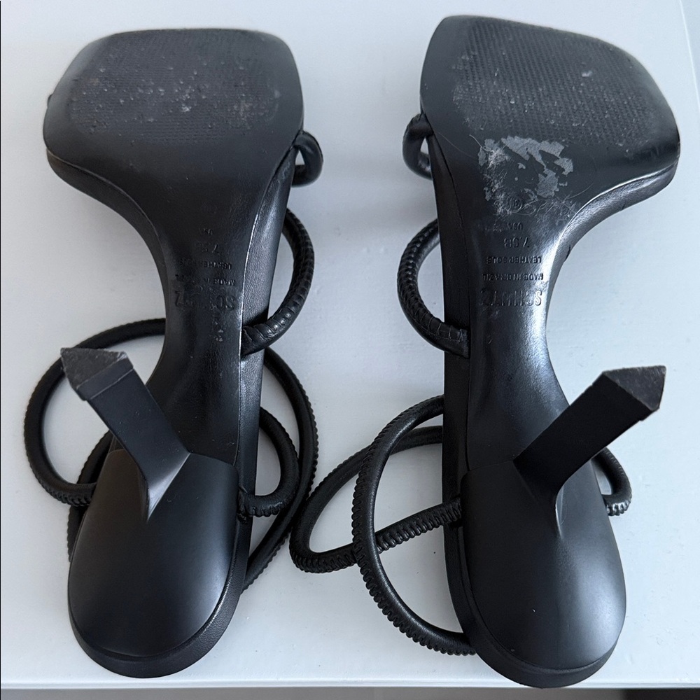 SCHUTZ Black Spiraled Strap Square-Toe Heels - Picture 5 of 6